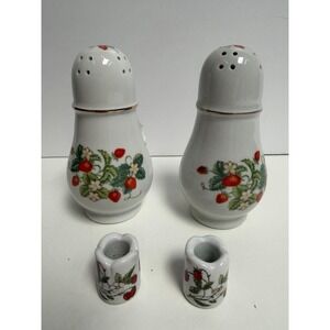 Vintage Avon Strawberry Sugar Shakers  22K gold Trim‎ + German Toothpick Holders
